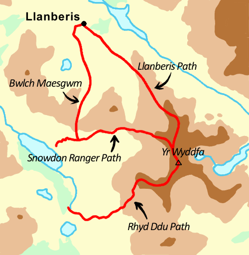 Map of the three bicycling routes up Mount Snowdon, including the Bwlch Maesgwm bridleway commonly used to return from the Snowdon Ranger Path to Llanberis.
