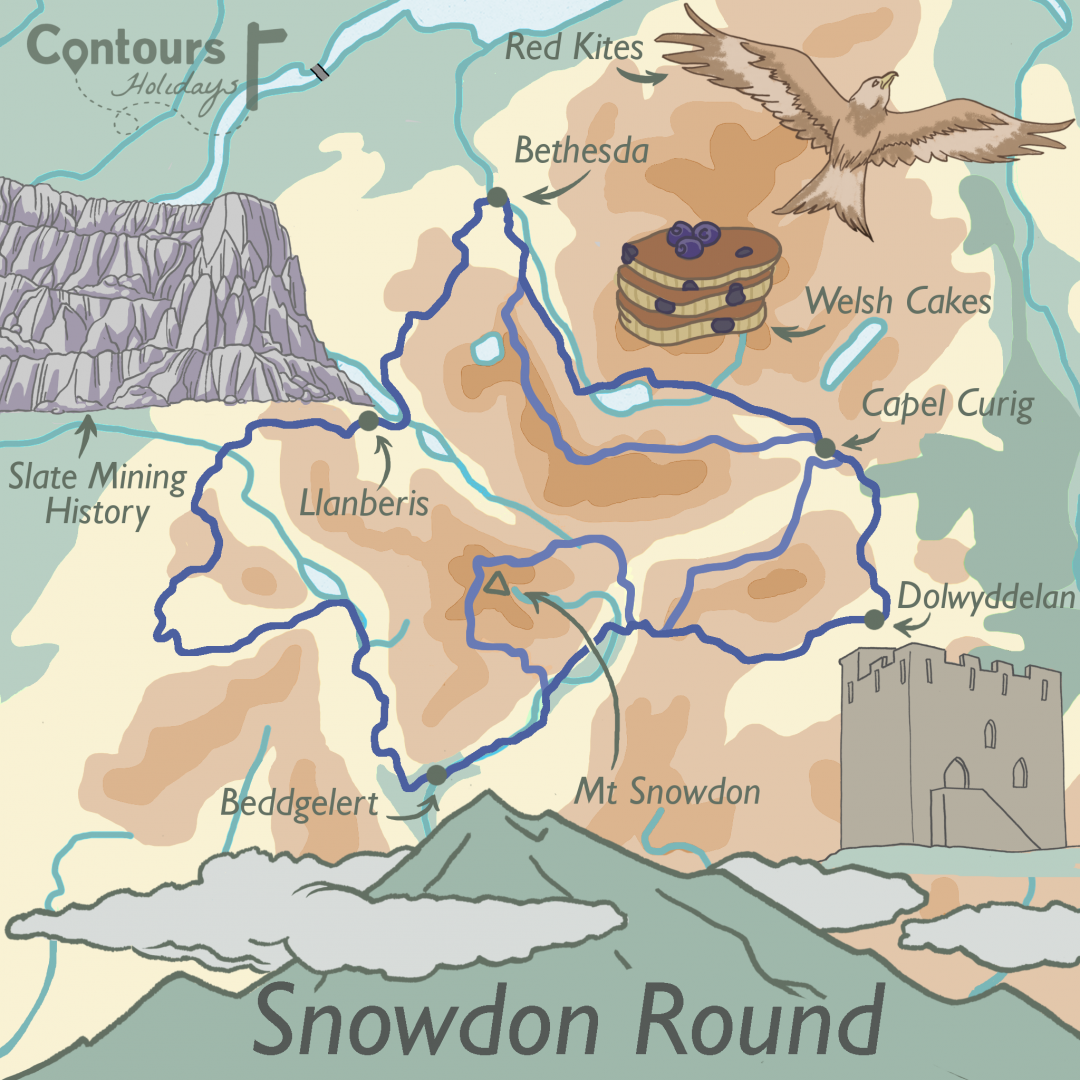 An illustrated map of our Snowdon Round walking holiday, with old mining ruins, welsh cakes, red kites and Mt Snowdon