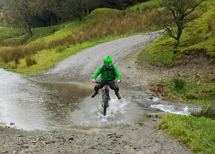 Splashing through a puddle across the bridleway