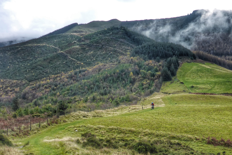 A cyclist in the distance, dwarfed by the wooded and grassy hillside of the Trans Cambrian Way